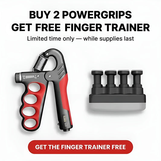 PowerGrip adjustable hand grippers (5–100 kg) and free finger trainer on clean white background — Buy 2 PowerGrips, get a Finger Trainer free.
