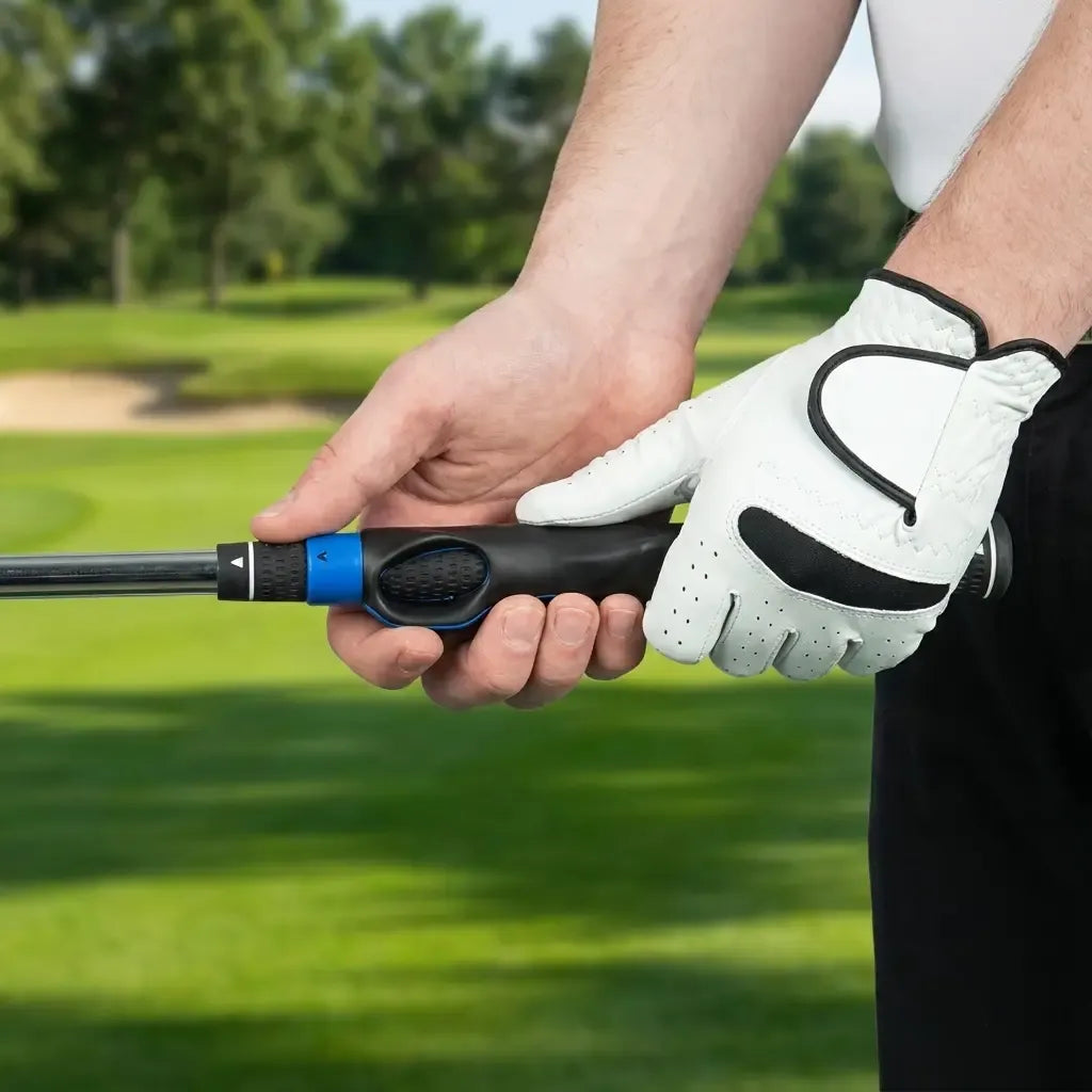 Golfer holding a club horizontally to show the grip training tool, with a white glove and fairway in the background.