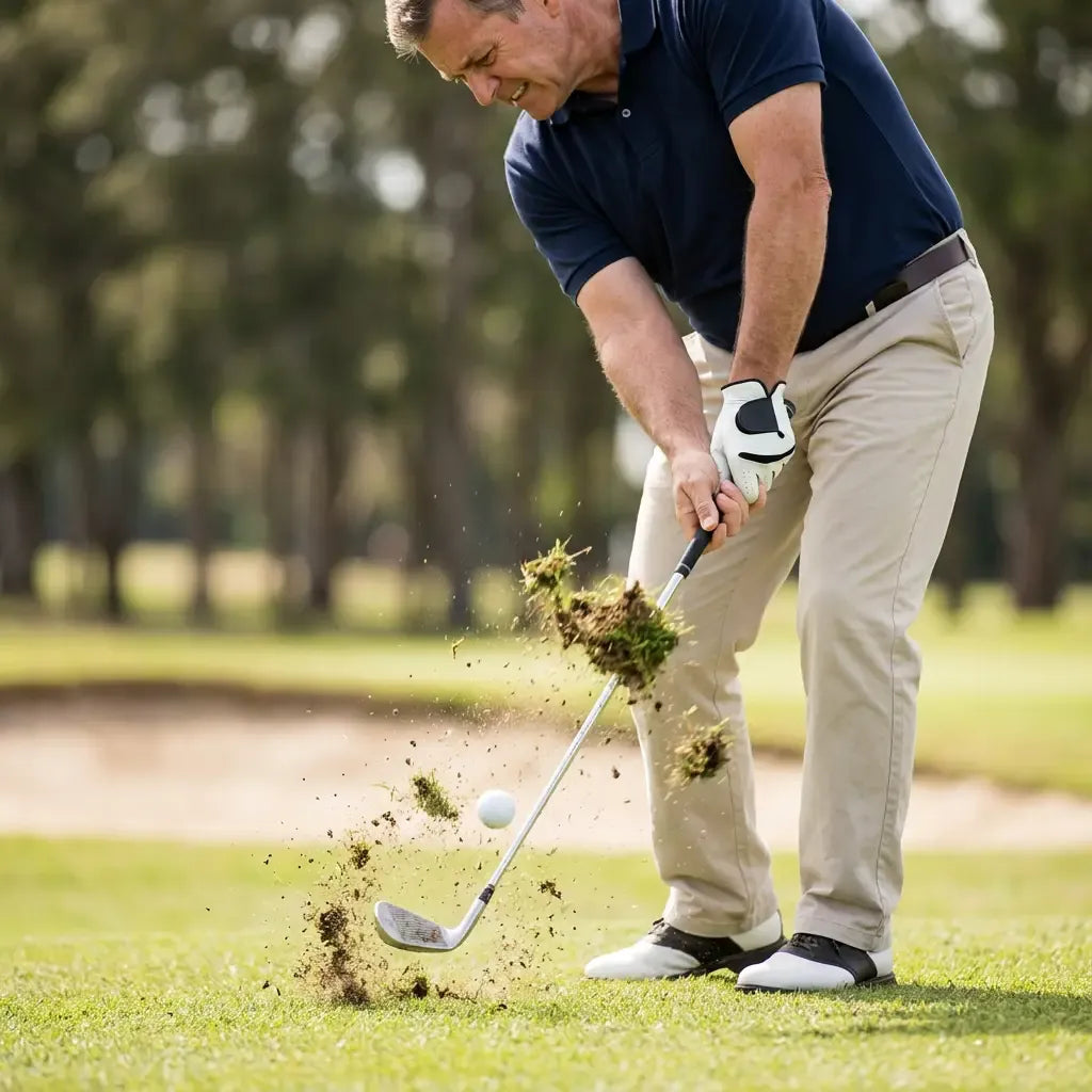 Golfer mis-hitting a shot and taking a large divot as the club strikes the ground before the ball.