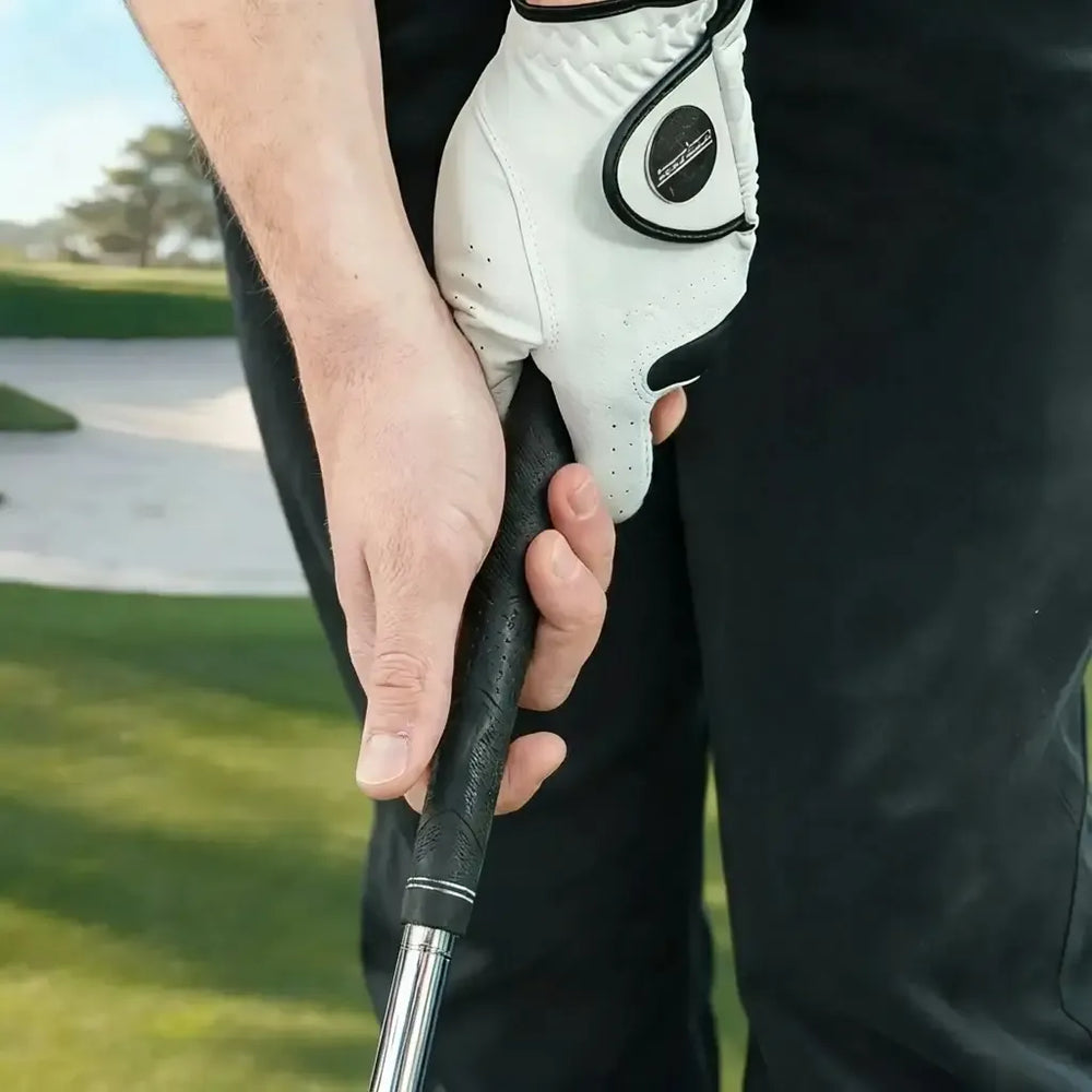 Close-up of a golfer’s hands holding a club with a white glove, showing a neutral grip on a golf course.
