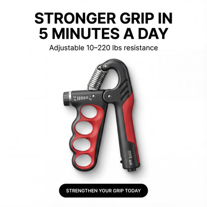 Adjustable PowerGrip hand gripper with 10–220 lb resistance for building stronger grip in 5 minutes a day.