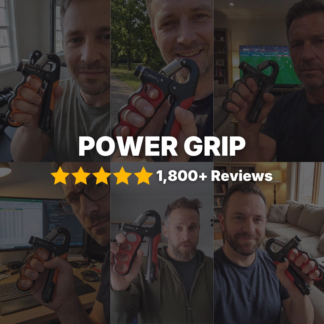 PowerGrip adjustable hand gripper shown with customer photos and 1,800+ five-star reviews.