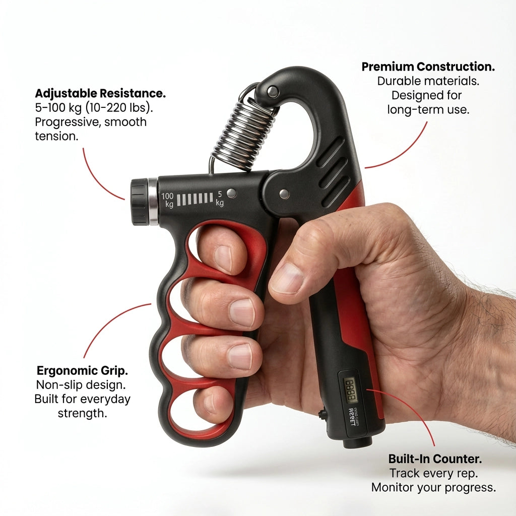 PowerGrip adjustable hand gripper (5–100 kg / 10–220 lbs) with benefits highlighted: adjustable resistance, stronger hands in 5 minutes a day, ergonomic non-slip grip, and built-in counter.