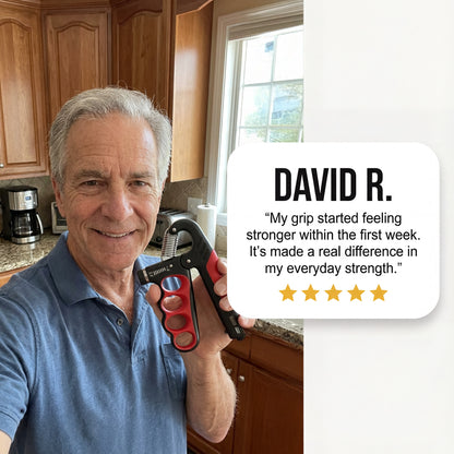Customer holding PowerGrip adjustable hand gripper at home, sharing a five-star review about improved grip strength.