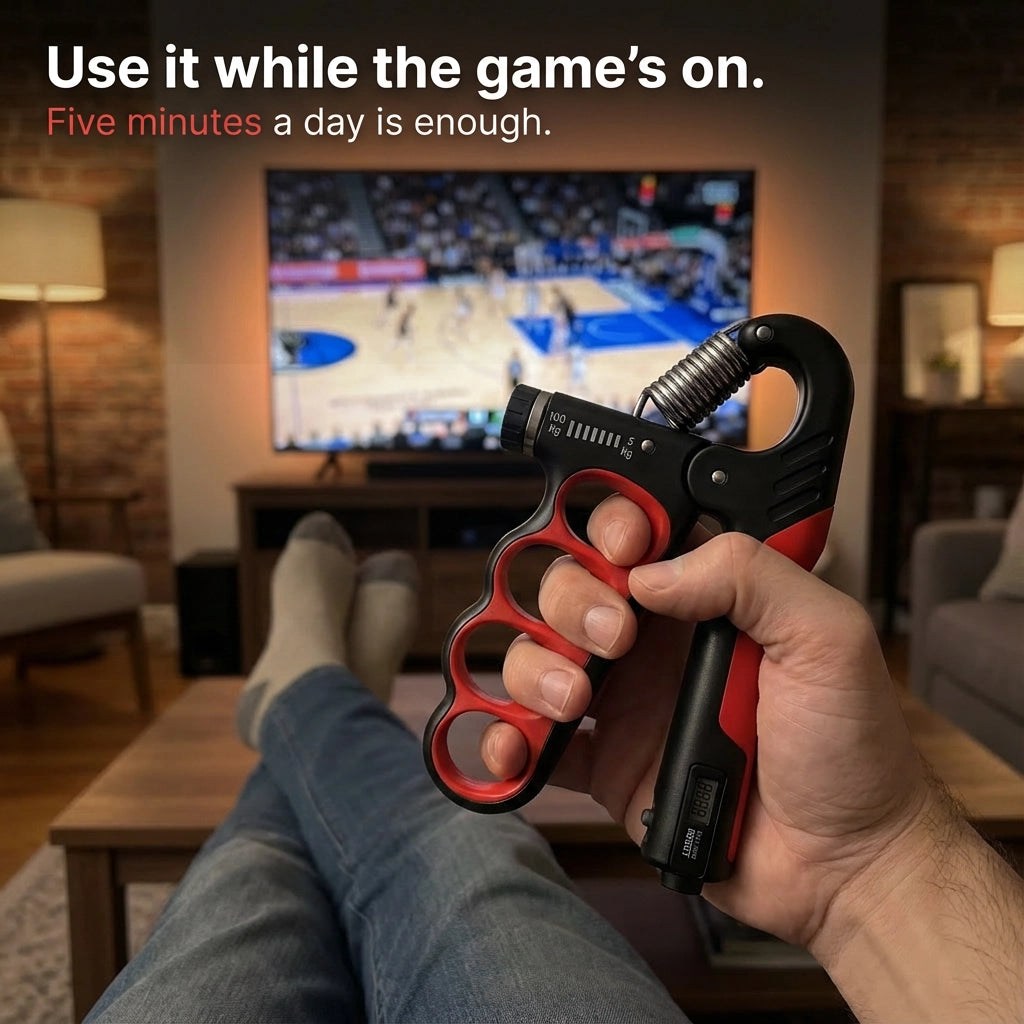 Man using PowerGrip hand gripper while relaxing on the couch watching sports on TV

