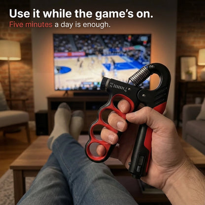 Man using PowerGrip hand gripper while relaxing on the couch watching sports on TV
