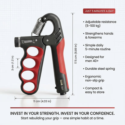 PowerGrip adjustable hand gripper with adjustable resistance, non-slip ergonomic grip, durable steel spring, and features for daily grip strength training.