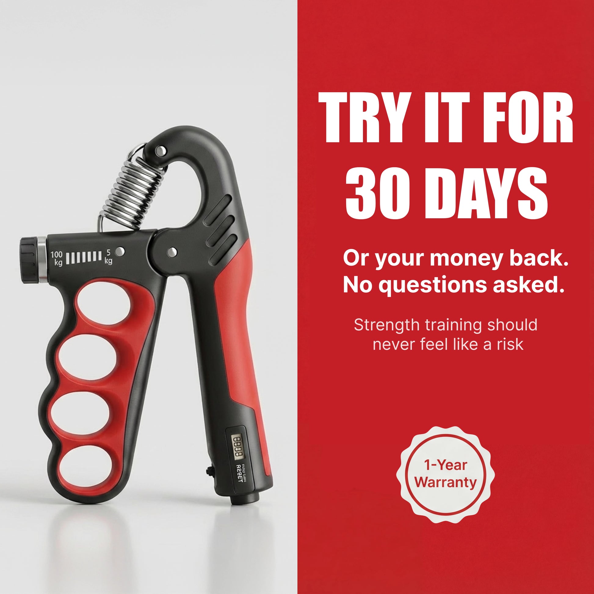 PowerGrip adjustable hand gripper with 30-day money-back guarantee and 1-year warranty.