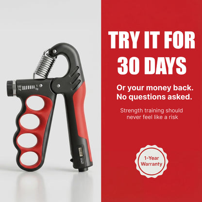PowerGrip adjustable hand gripper with 30-day money-back guarantee and 1-year warranty.