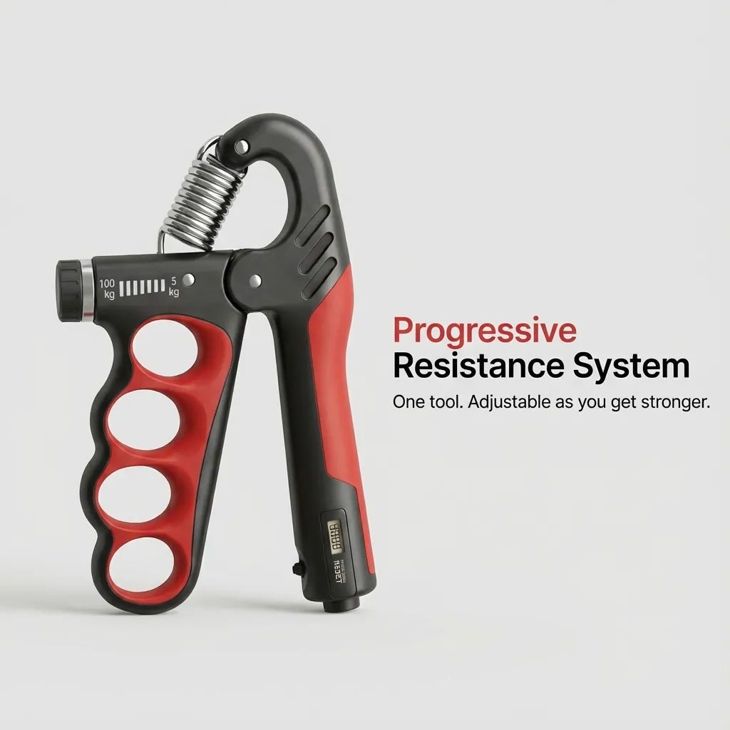 PowerGrip adjustable hand gripper showing progressive resistance system for building grip strength over time
