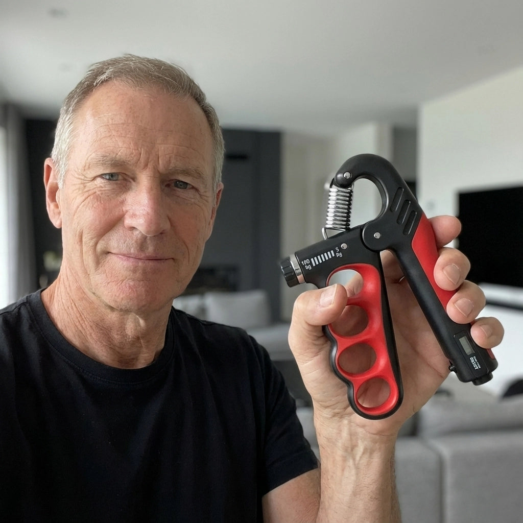Man holding adjustable hand gripper with progressive resistance system for grip strength training